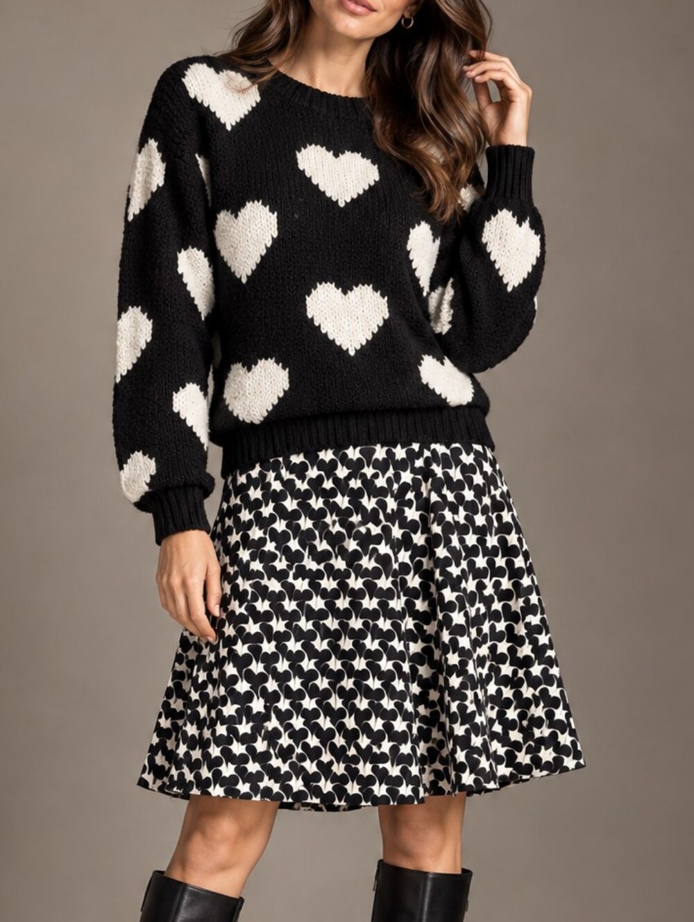 2 Piece Black And White Heart Sweater And A-line Skirt